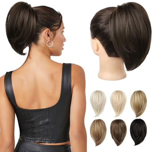 REECHO Ponytail Extension, kurzer glatter Ponytail Extension, Haarkrallen Dutt Haarteil unordentlicher Dutt natürliches Kunsthaar falscher Pferdeschwanz Haarverlängerung für Damen - Schokoladenbraun
