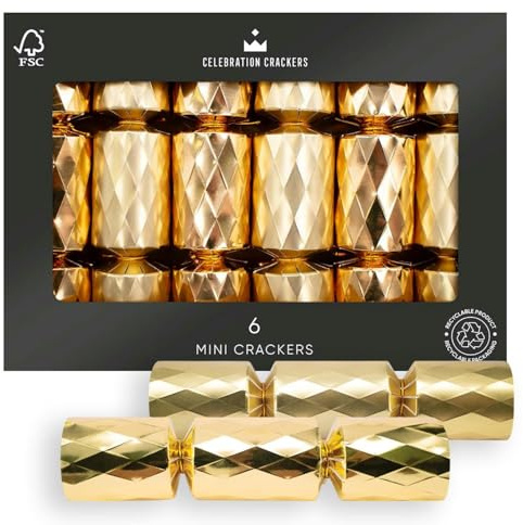 Celebration Crackers Mini Christmas Crackers - 6x 6-Inch - Gold Diamond Christmas Party Decorations - FSC Mix Eco-Friendly Gifts & Recyclable Packaging