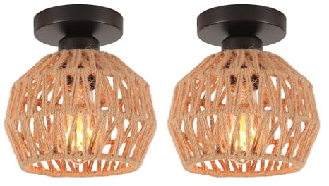 LIGKIN 2 Stücke Deckenleuchte Vintage E27 Hängelampe Lampenschirm aus Metall und Hanf Seil Deckenlampe Industrielle Deckenleuchten für Schlafzimmer Wohnzimmer Flur Korridor, Ø16CM