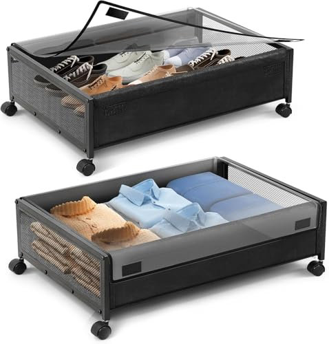 BTGGG 2 Stück Unterbettkommode mit Rollen, 48L Unterbett Aufbewahrungsbox Bettkasten Aufbewahrung mit Deckel and Metallrahmen, Faltbare Bettkasten mit Rollen für Kleidung, Bettwäsche, Schuhe
