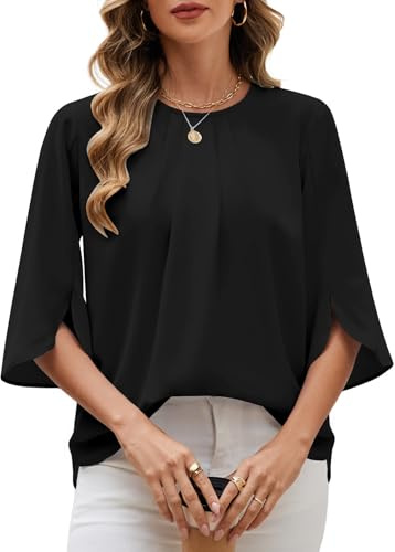 PASUDA Blouse Femme Été Chemisier Chic et Élégant Manches 3/4 col en Rond Mousseline Blouse Mode Couleur Unie Décontracté Coupe Ample Blouse Top