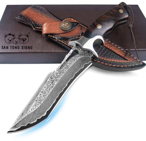 Damast Jagdmesser 26,4 cm, VG10 Feststehendes Bowie Survivalmesser | 67-lagiger Handgefertigter Damaszenerstahl mit Holzgriff und Echtlederscheide für Outdoor Bushcraft