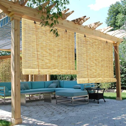 Natür Bambusrollo 90 100 110 120 130 140 150 160 180cm Breit Bambus Raffrollo Mit Haken Schilf Vorhang Anti-UV Sichtschutz Sonnenschutz Rollo Bambus Rollo Jalousine Mit Heber Balkon Rollo Outdoor