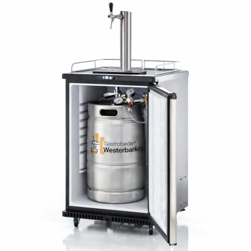 GDW Bierbar auf Rollen mit Reiling für max 50l Fass Komplettsets mit silberner Edelstahl-Schanksäule, Co2 in 425g, 500g oder 2kg & 4 versch. Kegs zur Auswahl (2000g Co2 Flasche, Kombikeg Typ M)