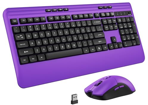 KOPJIPPOM Wireless Keyboard and Mouse Set with Quiet Keys, 2.4G Full Size Purple Keyboard and Mouse with Wrist Rest, Protective Covers, Soft Touch Silent Design for Windows, Computer, PC and Laptop
