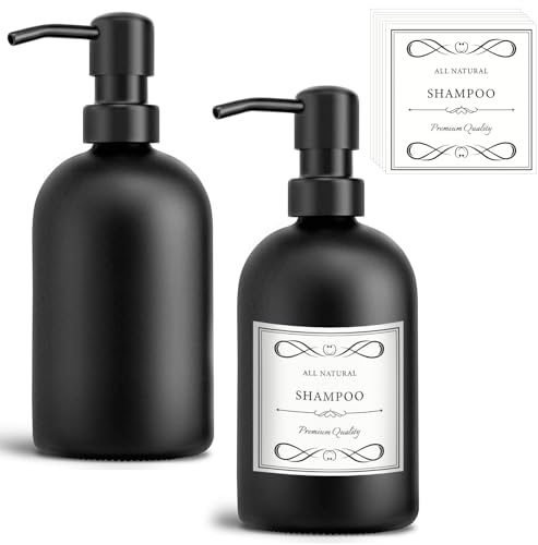 Seifenspender Schwarz matt - 2 STK Seifenspender Glas 400ml -Mit Pumpe Und Etiketten, Modern Spülmittelspender küche, andseifenspender für Badezimmer, Bad Dusche Arbeitsplatte Küche Waschküche