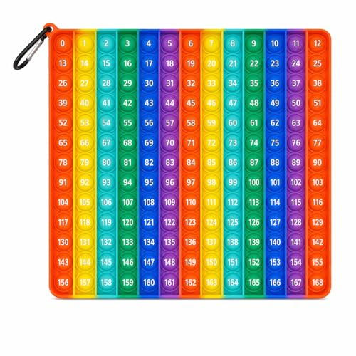 jiuzcare Pop It Zahlen 0-168 Lernspielzeug 24 x 24 cm, buntes Regenbogen Zahlenbrett aus Silikon mit Karabiner, Mathe Spiel für Kinder, Plopper Spielzeug zum Zahlen Lernen für Schule und Zuhause