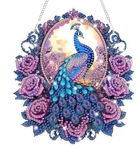 Lxmsja Peacock Diamond Art Hanging Ornaments with Chain for Adults Kids, Special Shaped Diamond Painting Flower Pendant Kits, Hanging Crystal Suncatcher Gem Art Kits for Home Door Wall Decor Gifts
