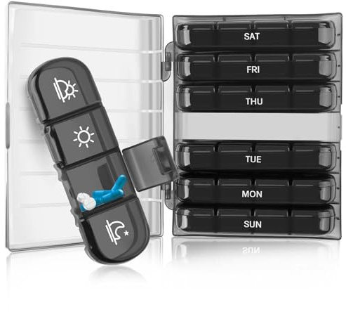 Tablettenbox 7 Tage Morgens Abends, Pillendose 7 Tage 4 Fächer, Feuchtigkeitsbeständiger Medikamentenbox, Handlicher Medikamenten Organizer für Vitamine, Fischöl und Medikamente