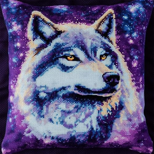 Taxpy Knüpfkissen Diy Set, Tier Wolf und Sternenhimmel Knüpfkissen-Set, 43x43cm, Knüpfen Kunsthandwerk Kissen, Knüpfkissen Diy, Stickerei Knüpf-Sets, Kissen Knüpfen Set
