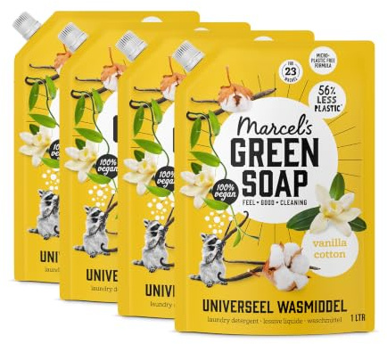 Marcel's Green Soap Universal Washing Liquid Refill Vanilla & Cotton - Recharge de détergent pour linge - Végétalien - Sans huile de palme - Pour 23 lavages - 4 l, 1 l (lot de 4)