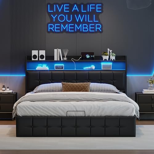 Bettrahmen 140x200cm,Polsterbett Doppelbett mit LED,Hydraulisch Stauraumbett mit USB-Anschluss,Funktionsbett für 2 Personen,LED Doppelbett mit Stauraum,Bett mit stauraum (schwarz+PU-1)