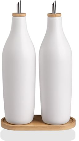 Sweejar Matte Ceramic Olive Oil Dispenser Bottles with Bamboo Tray, 17 Oz Oil Dispenser Set for Kitchen Counter, Opaque Oil Cruet for Cooking, EVOO, Vinegar, Avocado Oil, Pack of 2 (White & Tray)