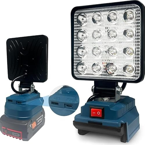 Qivine Lampada da Lavoro LED per Bosch Batteria 18V, 48W 6000LM Faro LED Ricaricabile, Lampada Senza Fili con Porte di Ricarica USB e Type-C, per Campeggio Lavoro Pesca (Senza Batteria)