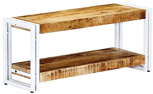 HETFTJN TV Lowboard 90x30x40 cm Massiv Mangoholz & Eisen Industrial Design Stabile Fernsehtisch Ablage Wohnzimmer Sideboard für Living Room Schlafzimmer Flur