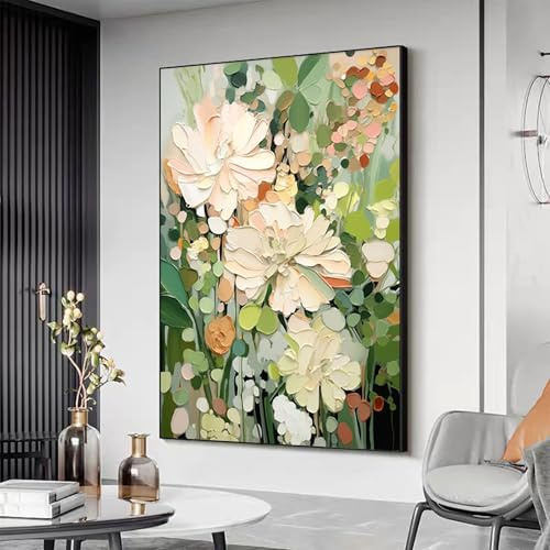 YUSUZHU Dipinto a olio su tela con fiori astratti, grande arte, dipinto personalizzato con fiori verdi minimalisti, decorazione da parete Boho per soggiorno (60x80 cm/senza cornice)