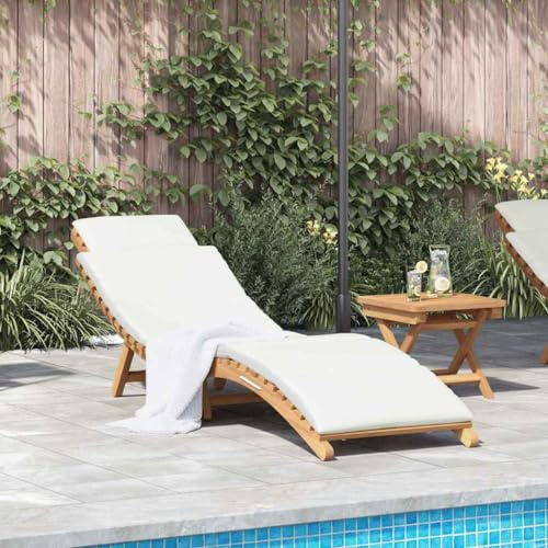 Ziaphsol Solstol krämvit 188 x 55 x 59 cm, massivt teak, ergonomisk design, avtagbar kudde, lastbar, för trädgård, terrass, pool, utomhus loungestol