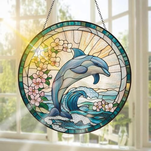 Pavemlo Delfin Buntglas Sonnenfänger Fensterschmuck hängend Tiere – Handgefertigter Sonnenfänger als Dekoration für Garten, Fenster, Innen- und Außenbereich, Weihnachten Party, 20 x 20 cm
