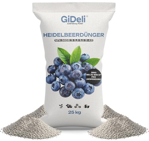 GiDeli Heidelbeerdünger 25 kg - Hortensiendünger & Rhododendron Dünger | Großgebinde für Gärtnerei, Plantage und Betrieb, mit Magnesium und Schwefel, nährt bis zur Ernte, streufertiges Korn