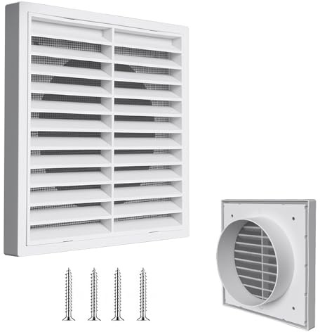 100mm Air Vent Cover,White Louvred Wall Vent Grille 140mm×140mm with Mesh Screen,Extractor Fan Vent Cover for Tumble Dryer,Ducting,HVAC,Garage,Bathroom, Kitchen, Exterior Walls,Attic