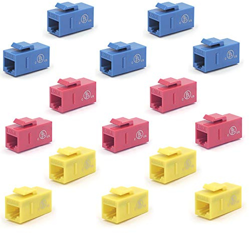VCE UL-Listed CAT6 Keystone Coupler 15-Pack, Ethernet Coupler Female to Female, RJ45 Coupler for CAT6/CAT5e/CAT5, Keystone Jack, Blue + Red + Yellow