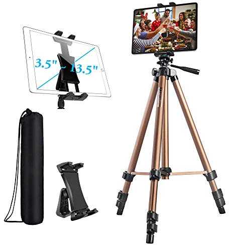 Atoptek Ipad Tripod Stand Phone Tablet Tripod mount Holder 51 inch Adjustable Aluminum for iPad Pro 12.9 11 10.5, iPad Air Mini, Surface Galaxy Tab 3.5 to 13.5in Phone Tablet - Champagne