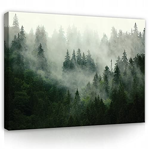 WallArena Leinwand Bilder 100x75 cm | Wald im Nebel Natur grün Landschaft, Leinwandbilder, Bild auf leinwand, Format: 100x75 cm (BxH) - einteilig auf