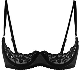 FEESHOW Women's Sheer Lace Cupless Lingerie Underwired Shelf Bras Bare Exposed Breast Push Up Bra Tops Black M