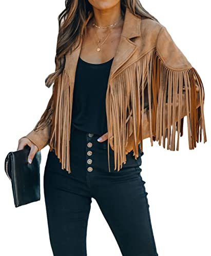 loveimgs Women Faux Suede Fringe Jacket Western Tassel Cropped Jacket Biker Motorcycle Leather Jacket, Camel, Medium