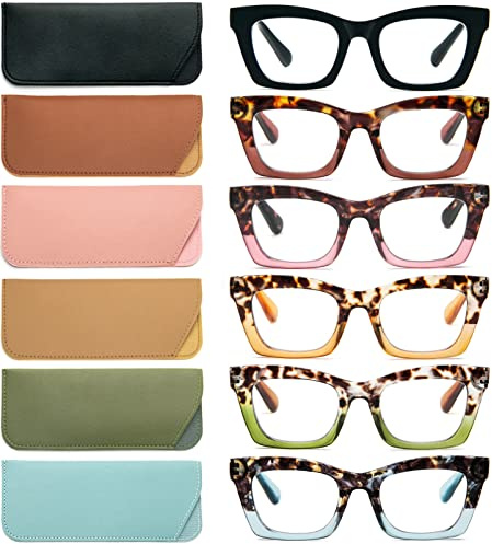 REAVEE 6 Pack Reading Glasses for Women Blue Light Blocking Cute Square Computer Readers with Spring Hinge 1.5