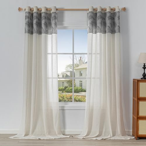 MYSKY HOME Vorhänge und Gardinen Wohnzimmer Gardine mit Ösen Vorhang Blattmuster Leinenoptik Boho 2 Stücke Halbtransparent Beige Voile Curtains for kinderzimmer, H 245 x B 140 cm, Grau