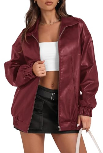 Yousify Women's Faux Leather Motorcycle Jacket 2025 Trendy Fall Clothes Oversized Casual Long Sleeve Zip Up Winter Coat Wine Red L
