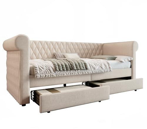 Polsterbett Sofabett mit USB Type-C Leselicht, Schlafsofa Tagesbett , 2 Stauraum Schubladen, kinderbett Jugendbett Bettgestell,Lattenrost aus Holz Samt, Grau 90x200cm(Ohne Matratze) (Beige, 90x200 cm)