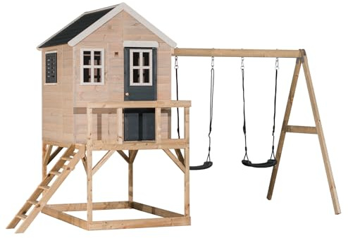 Wendi Toys M27G Cabane sur pilotis avec Double balançoire, Maison de Jeu en Bois FSC Enfants, 192×405×242 cm, Plateforme 90 cm, avec échelle, terrasse, Volets & Plancher, Outdoor, Grise