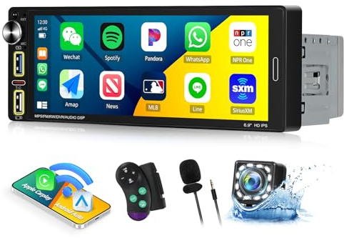 【Wireless】 CAMECHO Autoradio 1 DIN mit Carplay Wireless Android Auto Bluetooth Freisprecheinrichtung,6.9 Zoll Auto Radio Touch Display mit FM Mirror Link SWC und USB + Rückfahrkamera