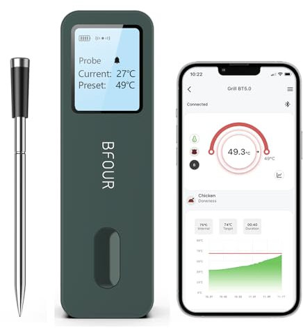 BFOUR Termómetro de carne inalámbrico para barbacoa Bluetooth con aplicación, IP67 resistente al agua, termómetro de cocina con pantalla grande