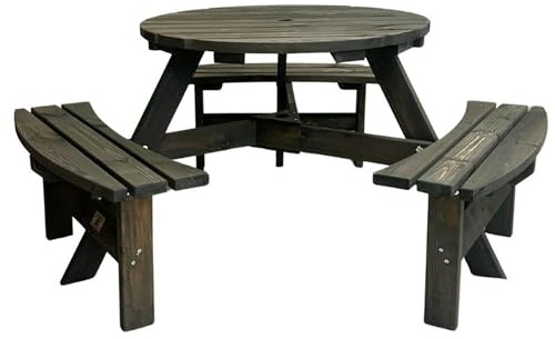 BrackenStyle Brentwood 6 Seat Round Wooden Picnic Table - Durable Wood Pub Bench - Commercial Grade Thick Timbers - 1.7M Diameter (Dark Grey Wash)