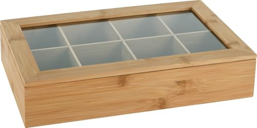 Wooden Tea Box with Glass Lid - 8 Compartment Tea Bag Storage Organiser - Rustic Wooden Display Box for Tea, Spices, or Trinkets