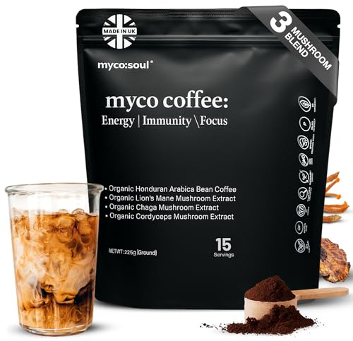 myco:soul Organic Mushroom Coffee - Lions Mane, Chaga & Cordyceps Extract - Medium Roast FairTrade Arabica Blend - Functional Superfood for Energy Boost - Smooth & Rich Wellness Coffee, 15 Servings