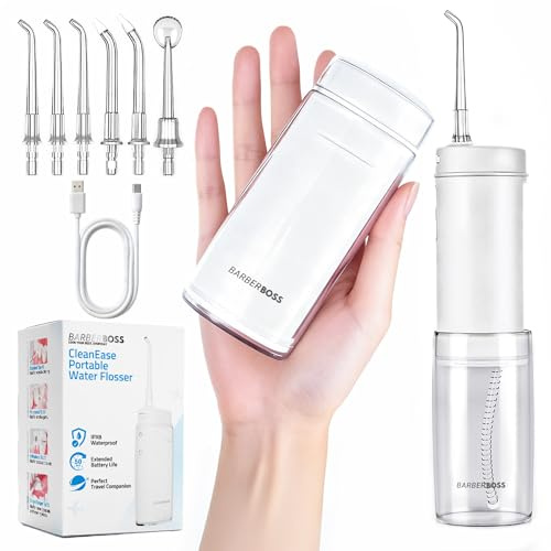 BarberBoss vattenflosser, trådlös munsköljare, 3 trycklägen, 6 munstyckstips (3 x standard, ortodontisk, tandköttsrengöringsmedel), teleskoptank, 50-dagars batteri, QR-7111 (vit)