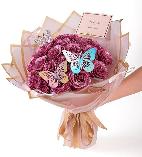 Generisch DIY Glitzer-Rosenstrauß 24Pcs Glitzer künstliche Rosen Bouquet, Muttertag, Valentinstag, Hochzeit, Geburtstag, Jubiläum (Rosa)