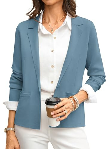 GRACE KARIN Women Blue Sweater Blazer Knit Suit Jacket Business Casual XXL | Long Sleeve Lapel Collar Cropped Blazers,Button Up Dressy Casual Cardigan Lightweight,Work Office Outfits Fall Clothes 2026