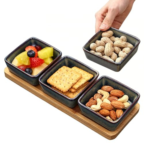 CEWROM dippskålsset med träbräda, set om 3 dippskålar, snacks, keramisk dip-skålar, set för snacksskålar, sylt dessert, sylt (gradient grön)