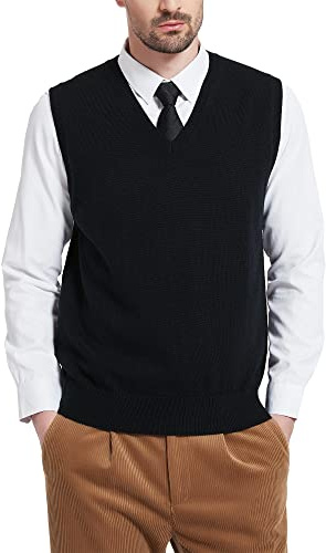 Kallspin Men's Wool Blended Vest Sweater Relaxed Fit V Neck Sleeveless Knitted Pullover (Black, Large)