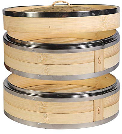 Hcooker 2 Capas Vaporizador de Bambú para Cocina con Doble Bandas de Acero Inoxidable para Cocina Asiática Bollos Empanadillas Verduras Pescado Arroz