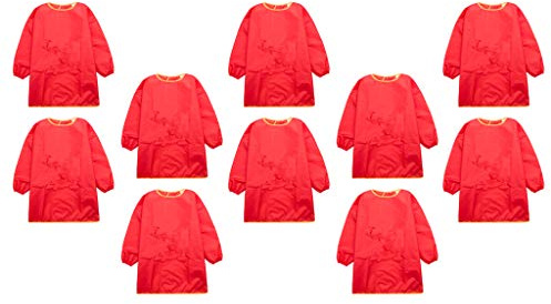 HomeDecTime 10 Pack Kids Art Smocks Children Waterproof Artist Painting Aprons with Long Sleeve for Age 3-8 Years, Red Color