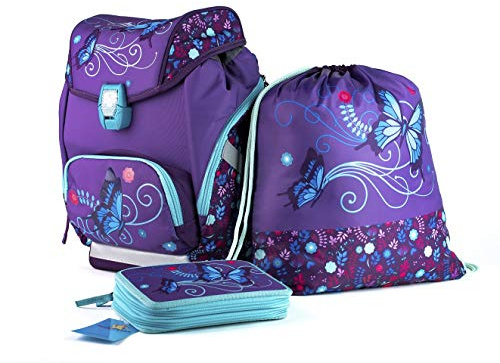 SCOOLSTAR SCHMETTERLING SCHULRANZEN SET MÄDCHEN 1 KLASSE | SET 3 TEILIG FÜR GRUNDSCHULE | SUPER LEICHT | ERGONOMISCH und ANATOMISCH | FEDERMÄPPCHEN SPORTBEUTEL