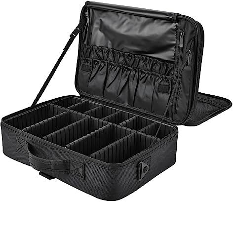 Joligrace Bolsa Maquillaje de Viaje Neceser Maquillaje Tela Oxford Cosméticos Maletín Manicura Joyero y Uñas Organizador Grande Makeup Estuche Maletín Vacio con Bandolera y 2 Capas Profesional, Negro
