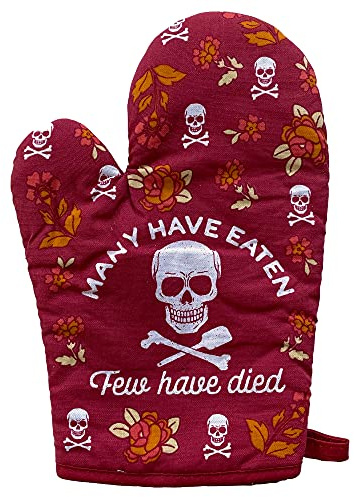 Many Have Eaten Few Have Died Oven Mitt Funny Sarcastic Cooking Kitchen Glove Funny Graphic Kitchenwear Halloween Cool Sarcastic Novelty Cookware Red Oven Mitt