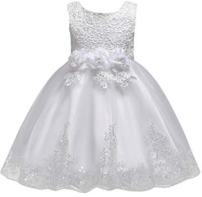Routefuture Robe de Princesse Bébé Fille Fleur Broderie Bowknot Tulle Tutu Demoiselle d'honneur Mariage Communion Ceremonie Anniversaire Carnaval Robe de Bal de Soirée (Blanche,1-2 Ans)